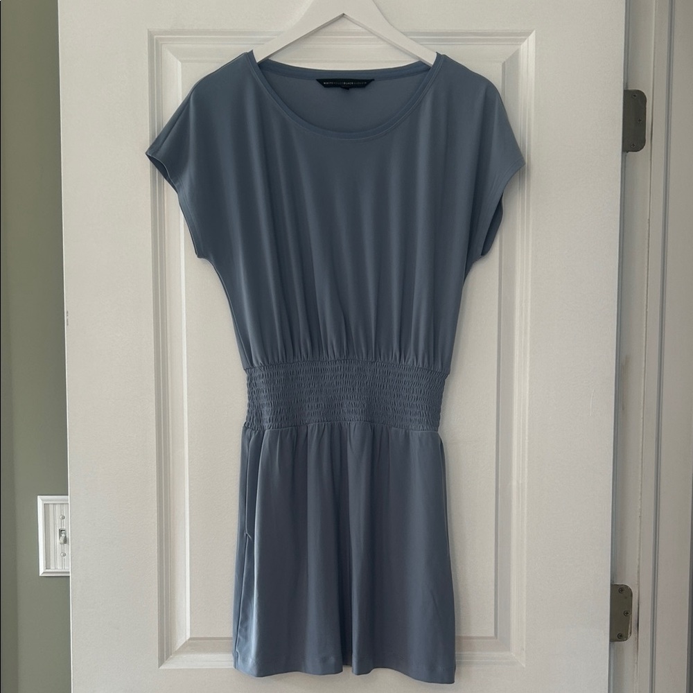 White House Black Market Slate Blue Short Sleeve Smocked Waist Dress